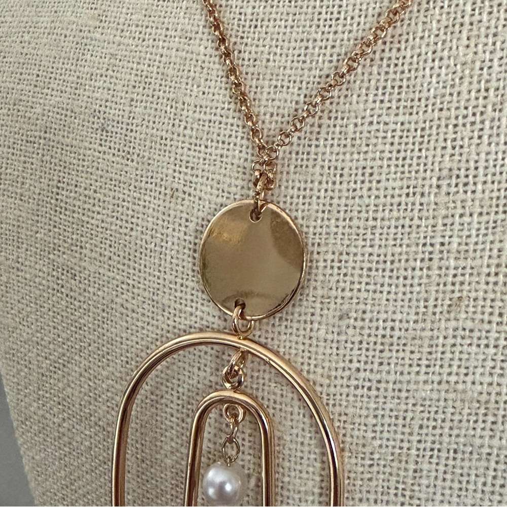 Gold Tone 18" Necklace Faux Pearl Genuine Stone with Marching Earrings - Picture 11 of 11
